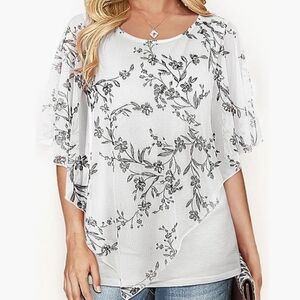 White Floral Chiffon Poncho Top Blouse